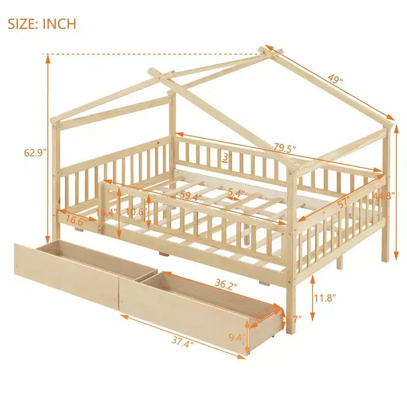 Lit cabane pour enfants avec toit fantaisiste en forme de ciel et grand espace de rangement - Lit plateforme en pin massif avec têtes de lit pour chambres imaginatives