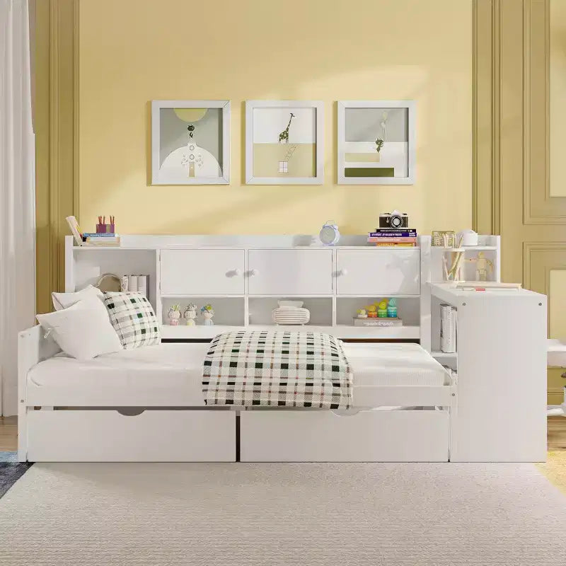 Wooden L-Shaped Daybed with 7 Storage Cabinets, 2 Drawers, Desk and Bookshelf, White