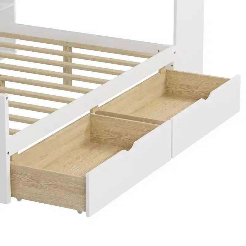 Lit de repos en forme de L en bois avec 7 armoires de rangement, 2 tiroirs, bureau et étagère, blanc