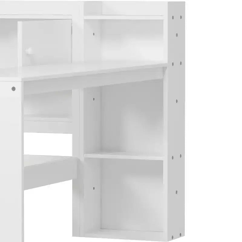 Lit de repos en forme de L en bois avec 7 armoires de rangement, 2 tiroirs, bureau et étagère, blanc