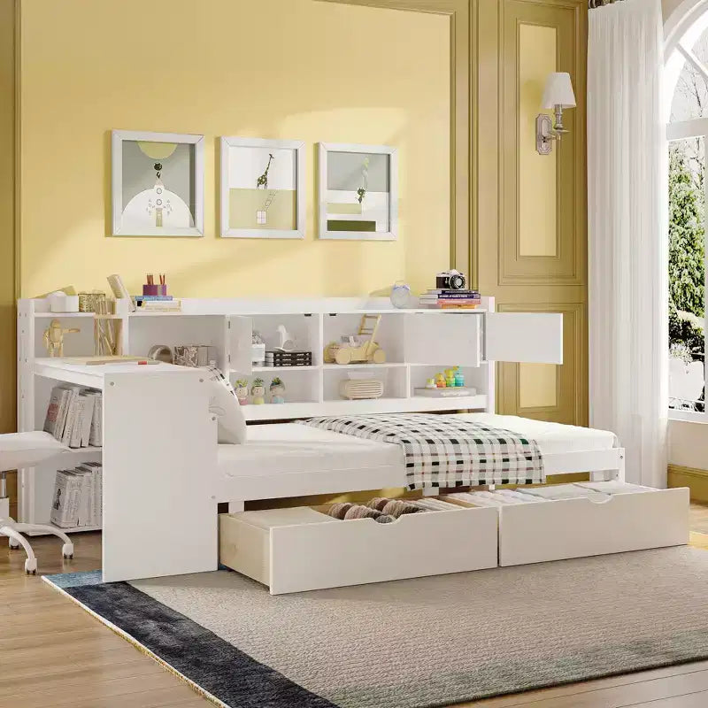 Lit de repos en forme de L en bois avec 7 armoires de rangement, 2 tiroirs, bureau et étagère, blanc