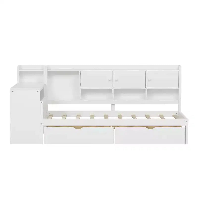 Lit de repos en forme de L en bois avec 7 armoires de rangement, 2 tiroirs, bureau et étagère, blanc