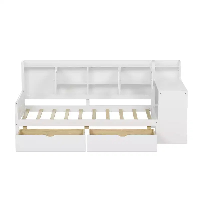 Lit de repos en forme de L en bois avec 7 armoires de rangement, 2 tiroirs, bureau et étagère, blanc