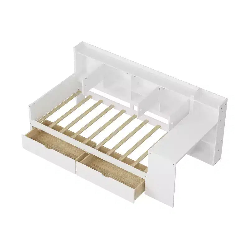 Lit de repos en forme de L en bois avec 7 armoires de rangement, 2 tiroirs, bureau et étagère, blanc