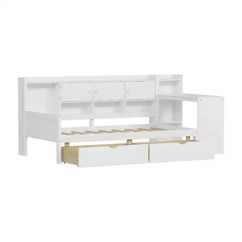 Lit de repos en forme de L en bois avec 7 armoires de rangement, 2 tiroirs, bureau et étagère, blanc