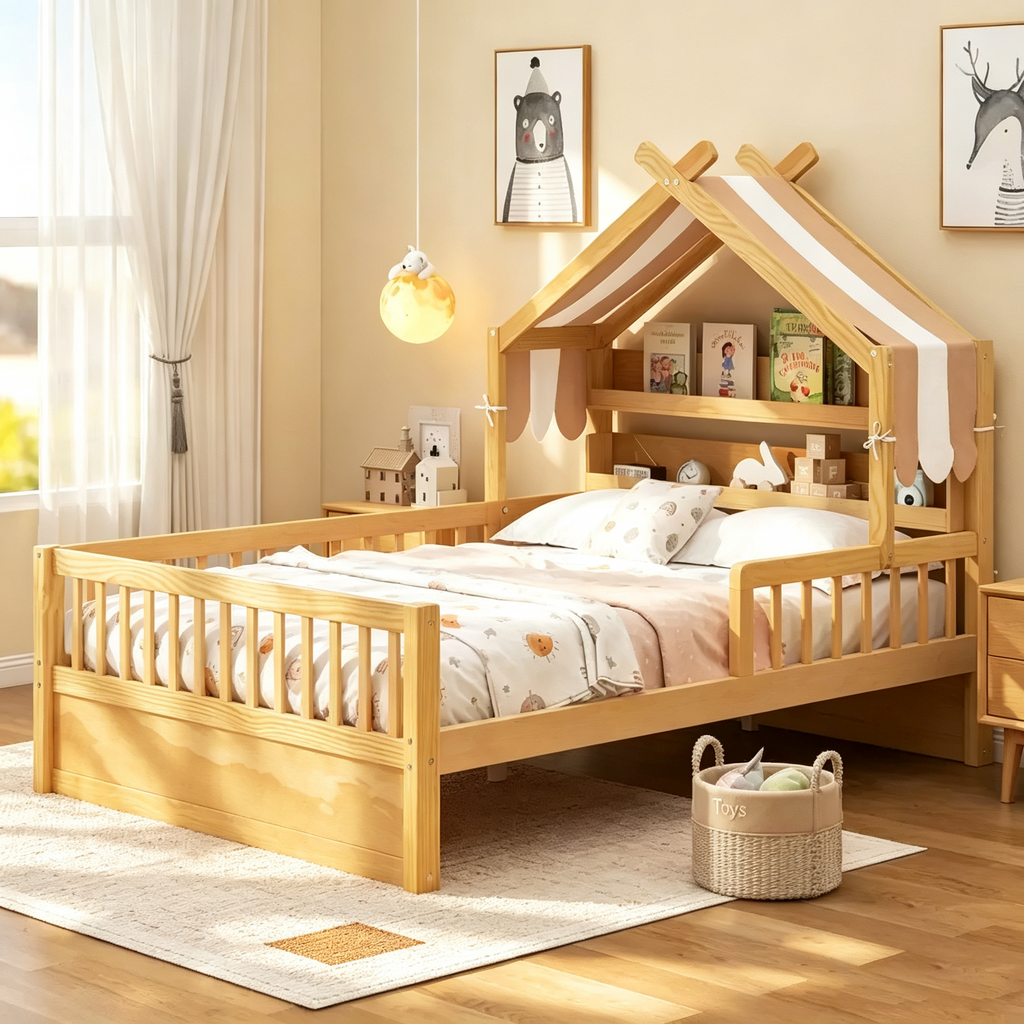 Lit cabane en bois double/complet avec tête de lit de rangement, cadre de lit pour enfants en pin massif avec barrières de sécurité