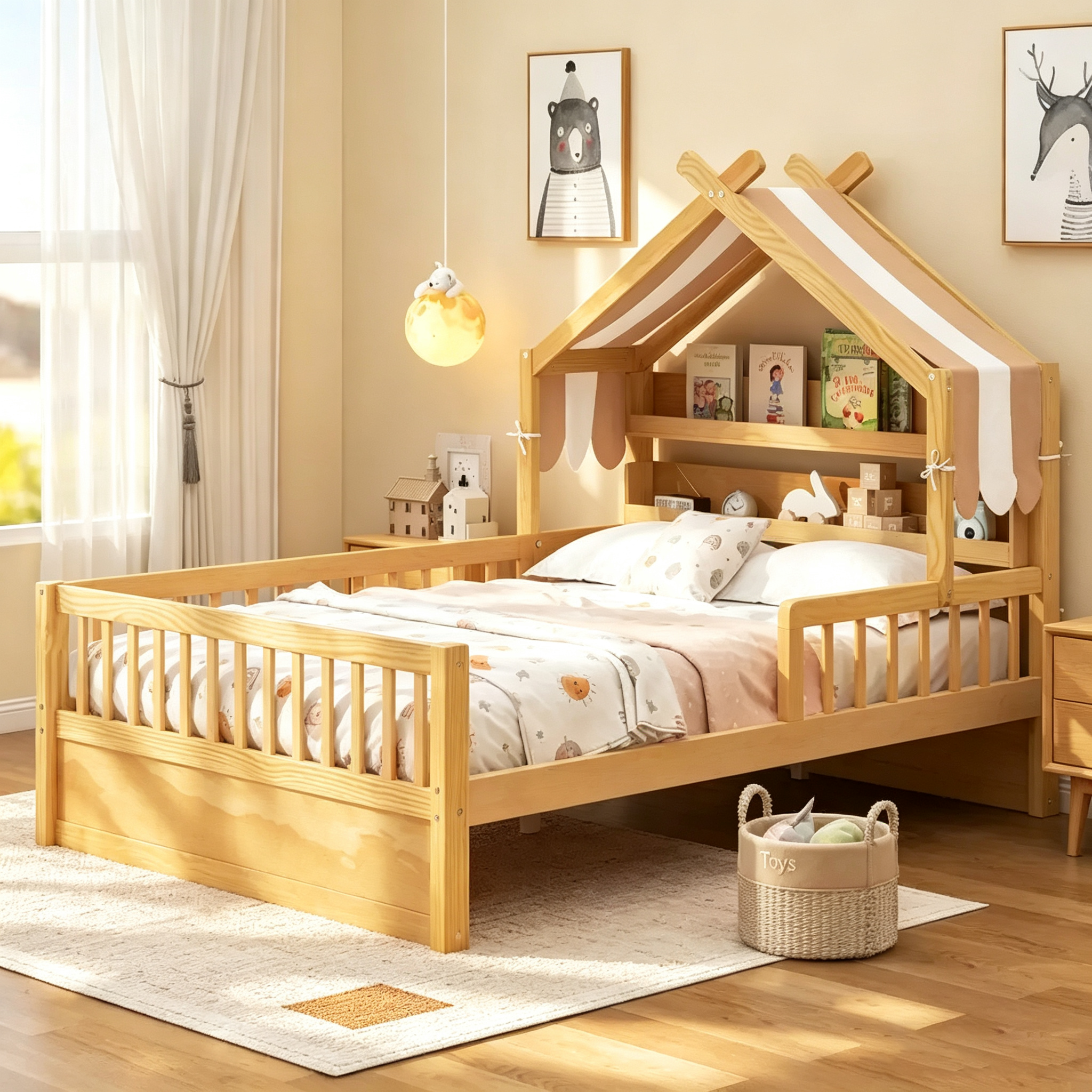 Lit cabane en bois double/complet avec tête de lit de rangement, cadre de lit pour enfants en pin massif avec barrières de sécurité