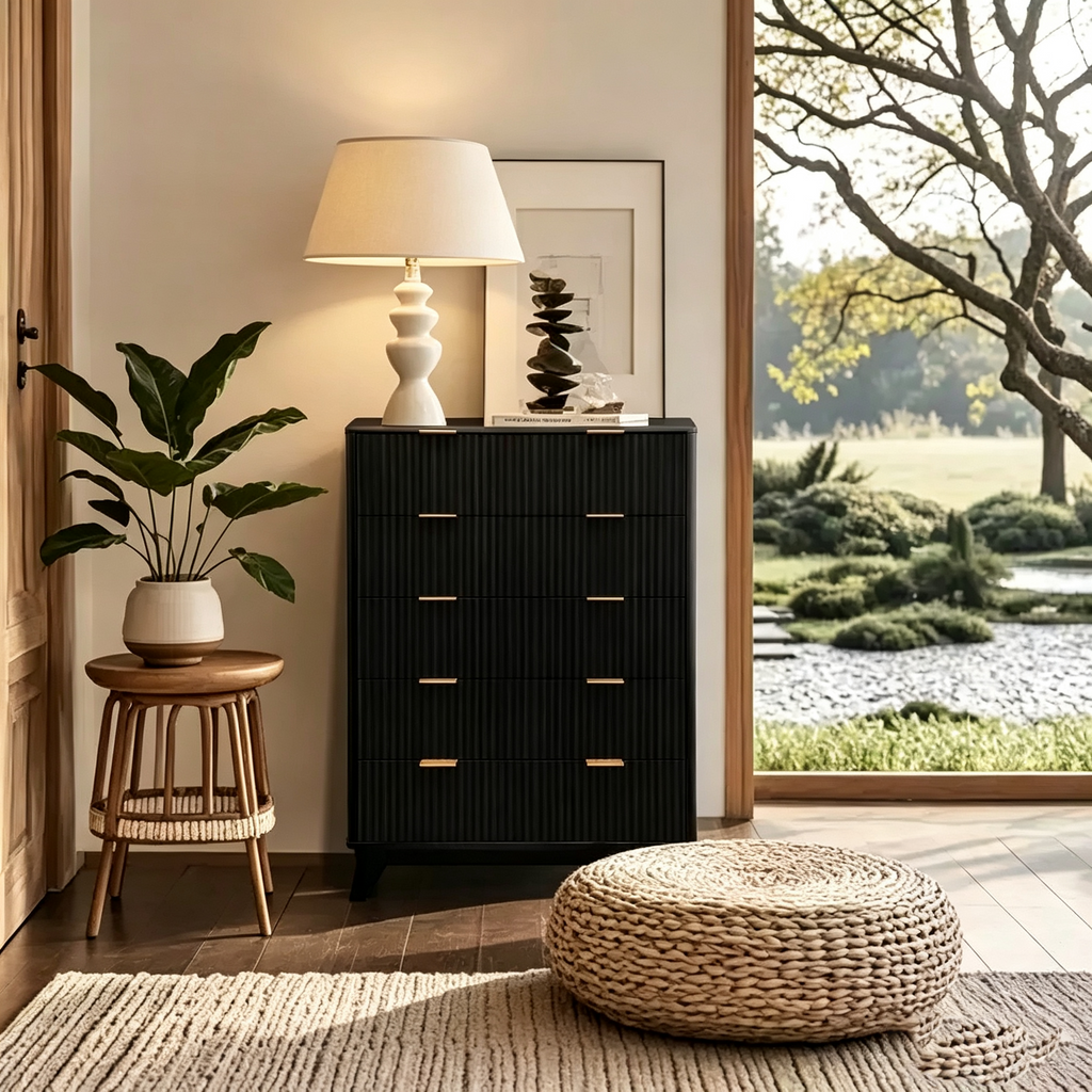 Commode haute et moderne de 122 cm, 5 tiroirs, commode en bois, meuble en panneau MDF, commode à motif ondulé, design rustique de ferme