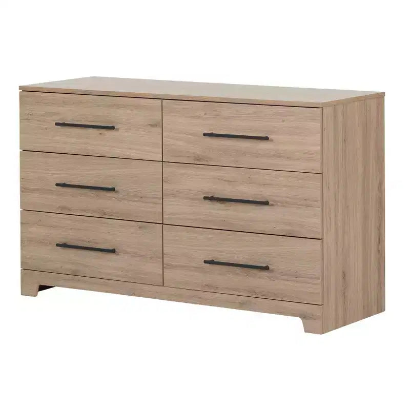 Commode double à 6 tiroirs en noyer naturel : Poignées asymétriques