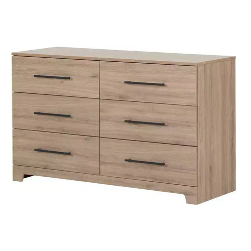 Commode double à 6 tiroirs en noyer naturel : Poignées asymétriques