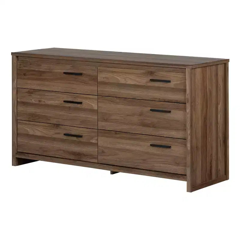 Commode double à 6 tiroirs en noyer naturel : Poignées asymétriques