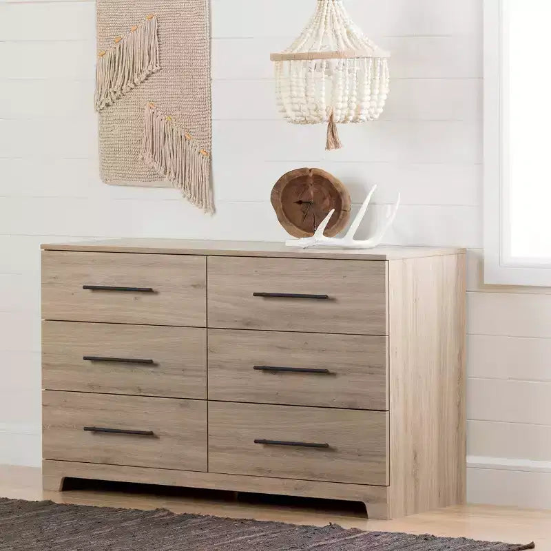 Commode double à 6 tiroirs en noyer naturel : Poignées asymétriques