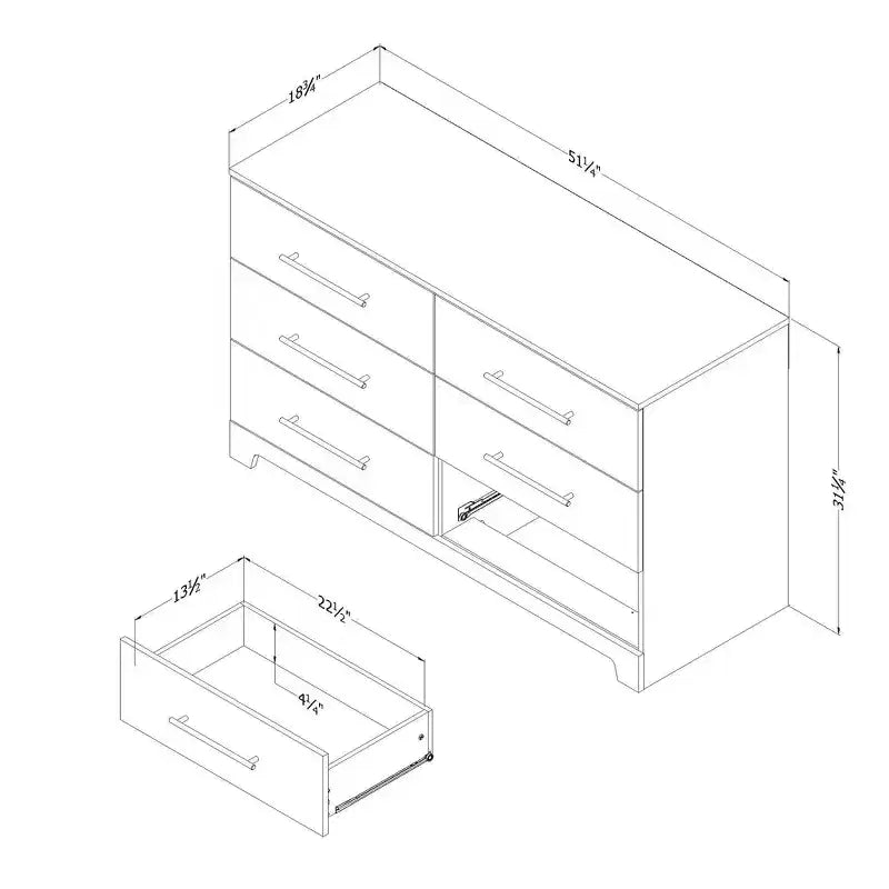 Commode double à 6 tiroirs en noyer naturel : Poignées asymétriques
