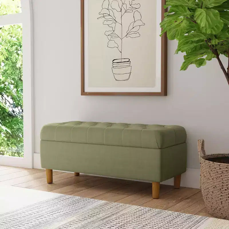 Banc de rangement capitonné avec pieds coniques en bois