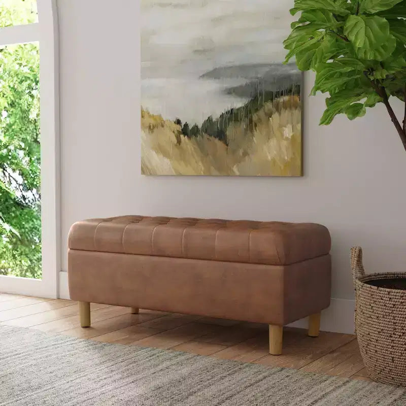 Banc de rangement capitonné avec pieds coniques en bois