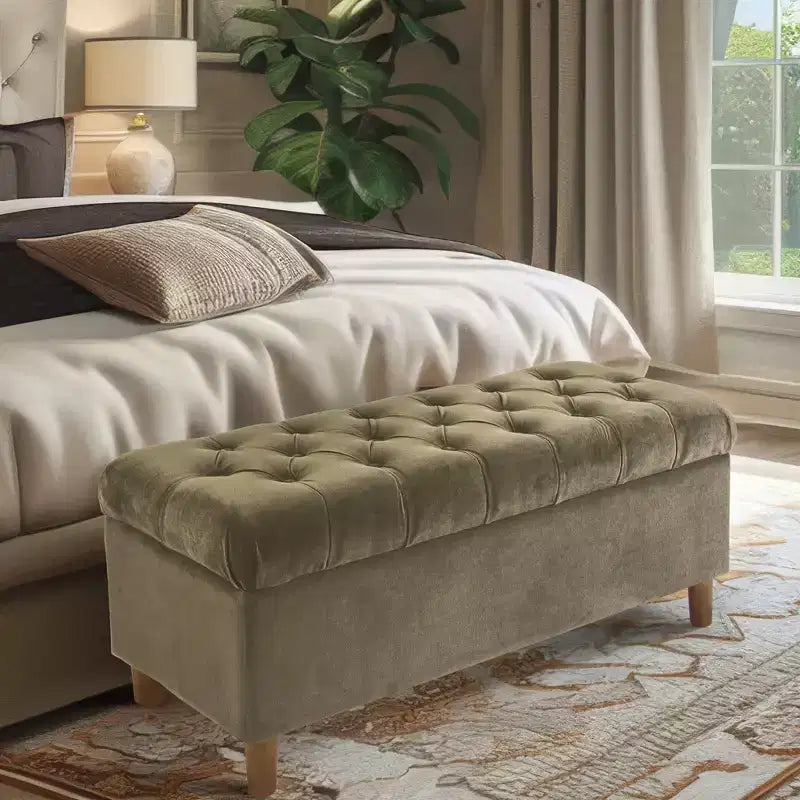 Banc de rangement capitonné avec pieds coniques en bois