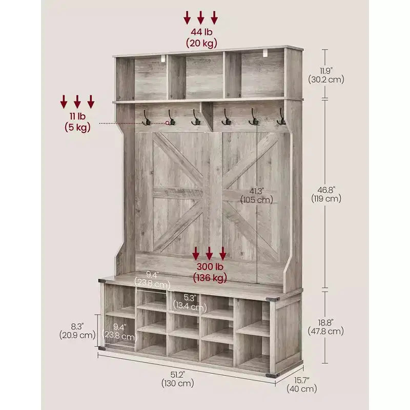 Meuble d'entrée avec banc et rangement à chaussures, Portemanteau avec banc à chaussures, Meuble d'entrée