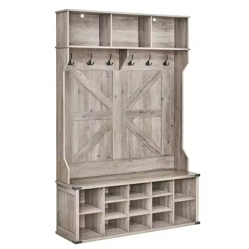 VASAGLE Hall Tree with Bench and Shoe Storage, Coat Rack with Shoe Bench, Entryway Furniture, 16 Open Compartments, 6 Tri-Hooks