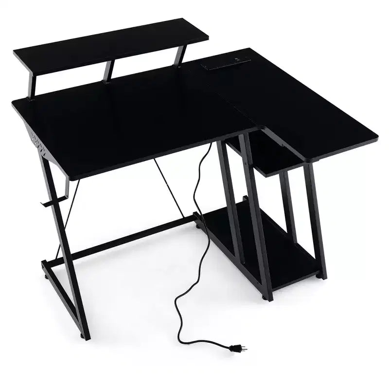 Bureau de jeu en L avec prises et ports USB Étagère pour moniteur Crochet pour casque Noir/Blanc/Rose