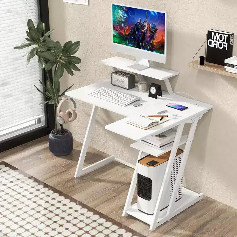 Bureau de jeu en L avec prises et ports USB Étagère pour moniteur Crochet pour casque Noir/Blanc/Rose