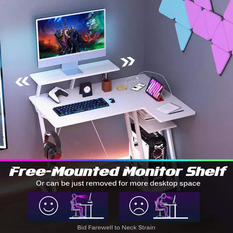 Bureau de jeu en L avec prises et ports USB Étagère pour moniteur Crochet pour casque Noir/Blanc/Rose