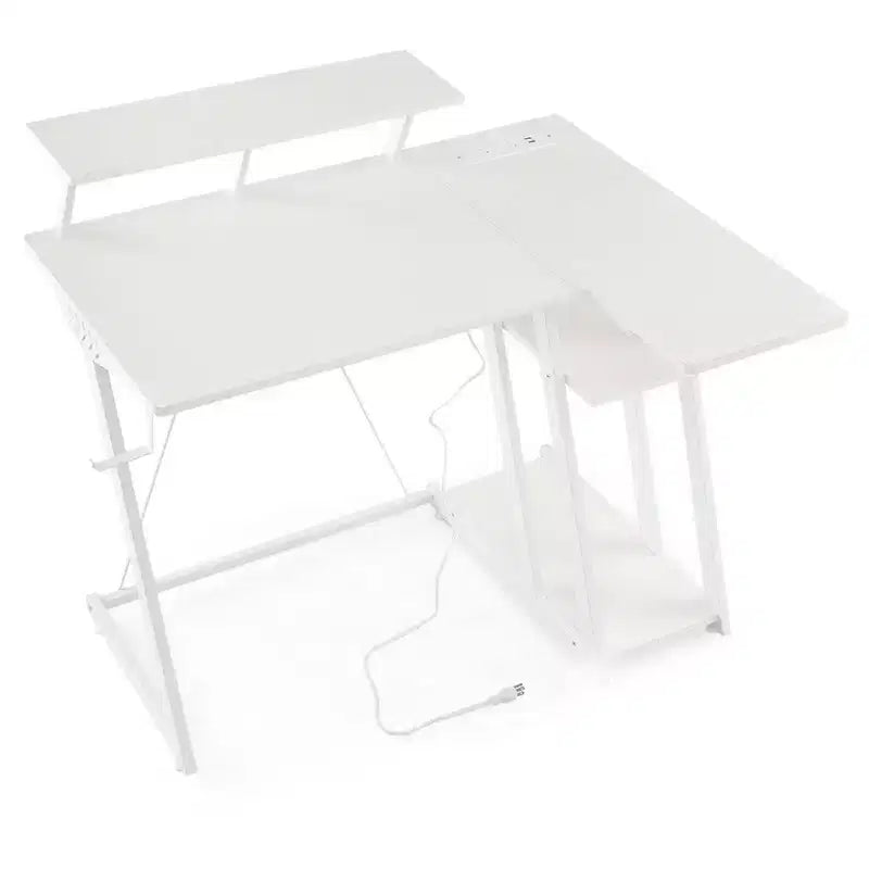 Bureau de jeu en L avec prises et ports USB Étagère pour moniteur Crochet pour casque Noir/Blanc/Rose