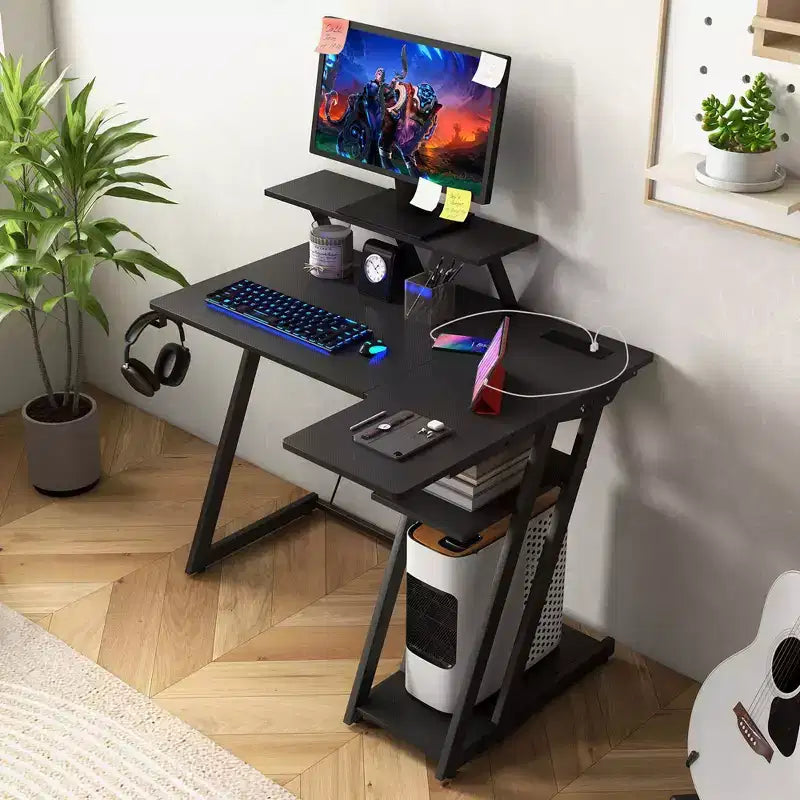 Bureau de jeu en L avec prises et ports USB Étagère pour moniteur Crochet pour casque Noir/Blanc/Rose