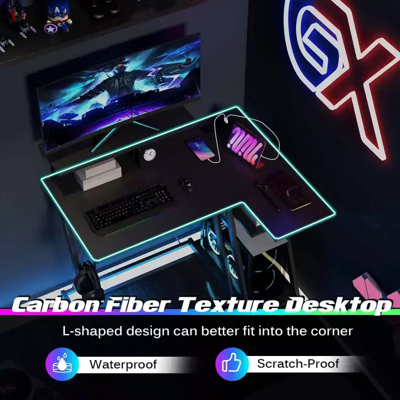 Bureau de jeu en L avec prises et ports USB Étagère pour moniteur Crochet pour casque Noir/Blanc/Rose
