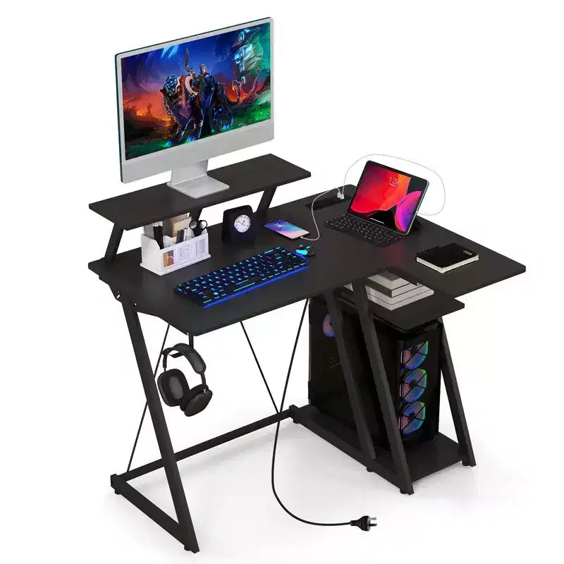 Costway L Shaped Gaming Desk with Outlets & USB Ports Monitor Shelf Headphone Hook Black/White/Pink