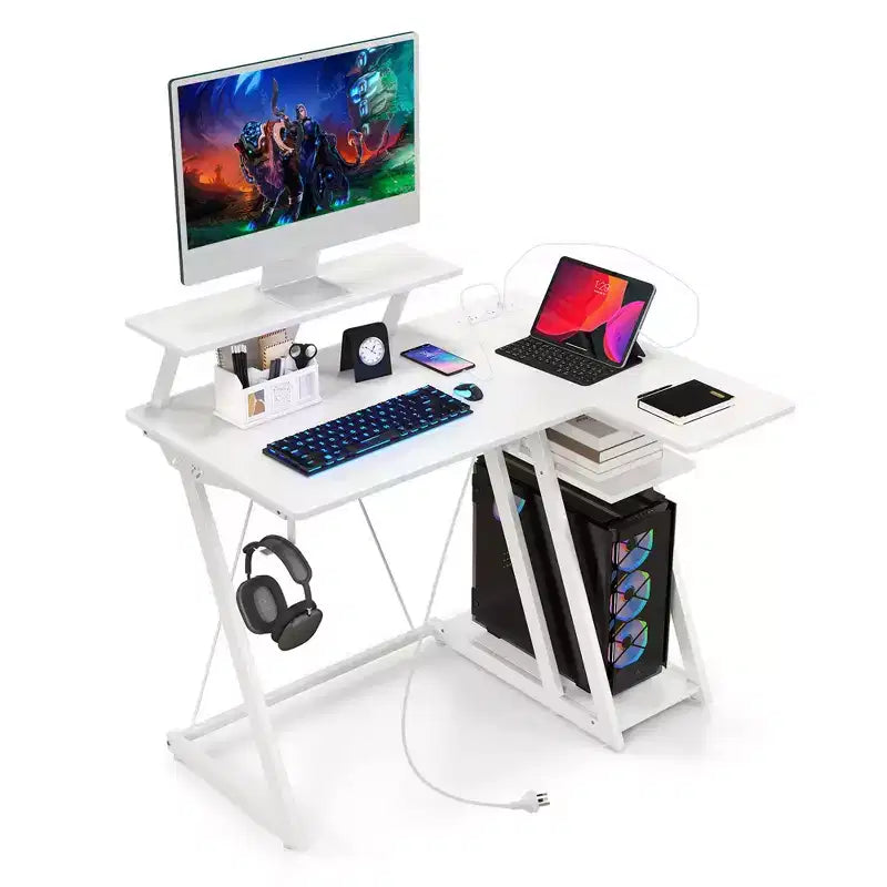 Bureau de jeu en L avec prises et ports USB Étagère pour moniteur Crochet pour casque Noir/Blanc/Rose